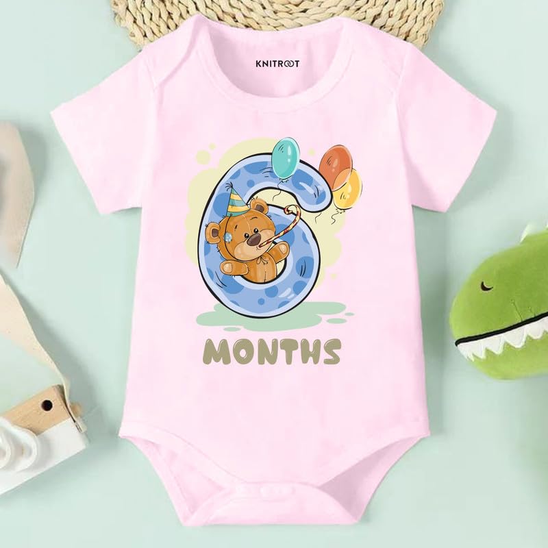 Image of Knitroot Monthly Birthday Teddy Special, Newborn Baby Half Sleeve Unisex Romper, Onesies, Sleepsuit, Body Suit, Envelope Neck, 1 to 12 Months Print, 0-12 Months, Infant Cloth for Boys & Girls
