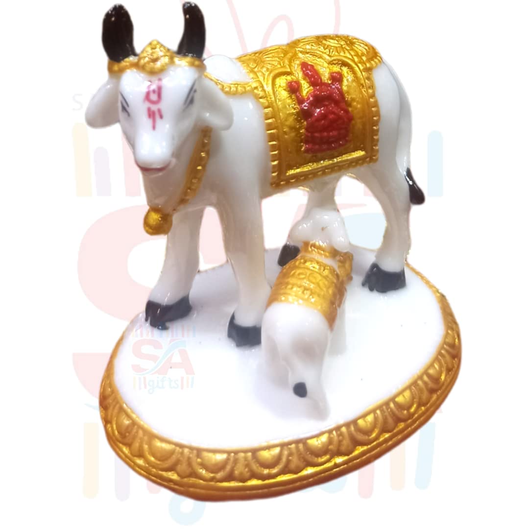 S A GIFTS Sai Amrut Handicraft Decorative Polystone Cow and Calf Big Statue/Idol for Gift Home Decor 3 inch (White Golden)