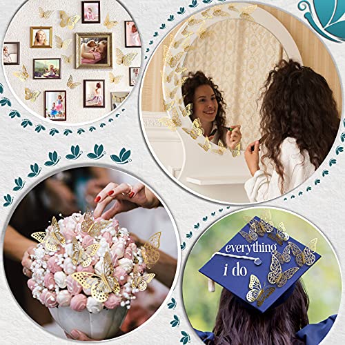 Image of NETANY 48 Pcs Gold Butterfly Wall Decor Stickers, 3 Sizes, 3D Party Decorations, Glitter Finish, Paper Material, Modern Style, Butterfly Theme, Wall, Mirror, Cake