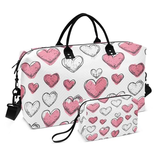 White and Pink Hearts Travel Duffle Bag,Large Weekender Travel Bag for Women Men Waterproof Luggage Bag with Trolley Sleeve,Airplane Travel Essentials for Flying