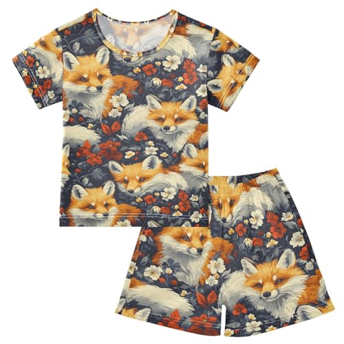 ALAZA Flower Blossom Animal Fox Pajamas Set Short Sleeve Cotton Sleepwear Summer Pjs 2 Piece 5-14Y