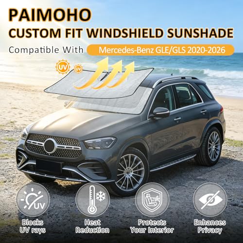 Image of Thickened Sun Shade for Mercedes-Benz GLE /GLS SUV 2020-2026 | Accordion Front Window Sunshade Aluminum Windshield Protection Shield, Foldable Sun Visor with Storage Bag Car Accessories