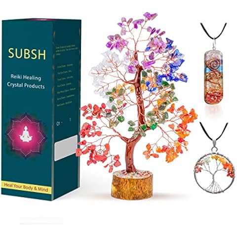 SUBSH Chakra Crystal Tree - Meditation Accessories - Artificial Bonsai Tree - Healing Crystals - Ornaments for Living Room - Crystals for Beginners - Crystals and Gemstones - Crystal Tree Cover