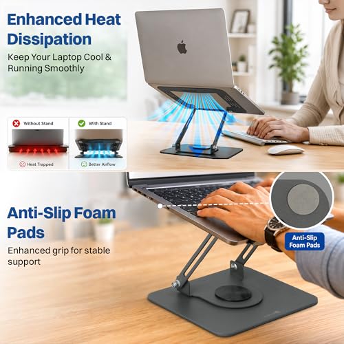 Image of BonKaso 360 Rotating Metal Laptop Stand, Height & Angle Adjustable, Foldable Design, Carbon Steel Build, Ventilated Cooling, Supports Up to 5kg, Compatible with Laptops & MacBook (Up to 17.3 inch) - Grey
