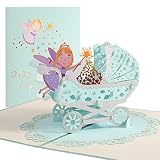 Pop-Up Karte Geburt Kinderwagen, 3D Karte zur Schwangerschaft Geburt, Baby-Karte Geburtstagskarte Pop-Up Karte für Baby Geburt Junge Mädchen Grußkarten (Blau)