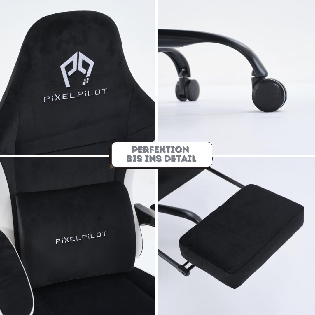 PixelPilot Silla de gaming con reposapiés, silla ergonómica para gaming, de tela transpirable, asiento ancho, soporte lumbar, soporta hasta 150 kg, color negro