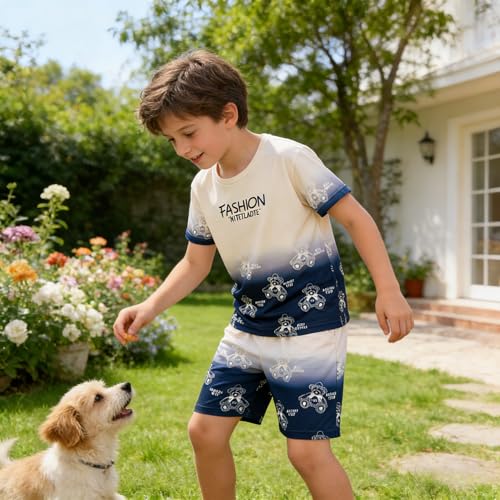 Image of Ayzozuy Boy Clothes Colorblock Top + Drawstring Waist Shorts 2 Pieces Kid Summer Outfits Set