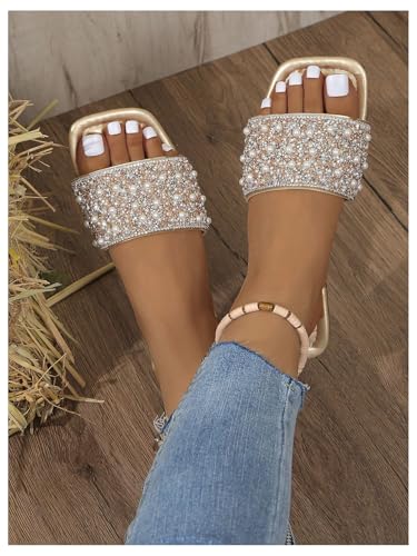 OYOANGLE Women's Rhinestone Flat Sandals Squared Slip on Open Toe Slide Sandals Slippers2