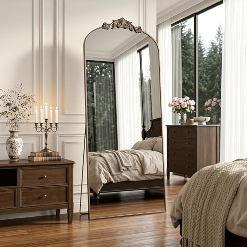 Antok Arched Full Length Mirror 65x24 Floor Mirror with Carved Full Body Mirrors for HomeDecor Standing/Halling Large Wall Mirror for Bedroom Living Room Cloakroom Bronze Vintage Style