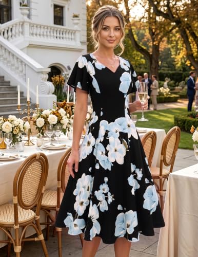 Image of HomRain Wedding Guest Dresses for Women Vintage Short Sleeves Casual Fit and Flare Cocktail Formal Dress for Tea Party