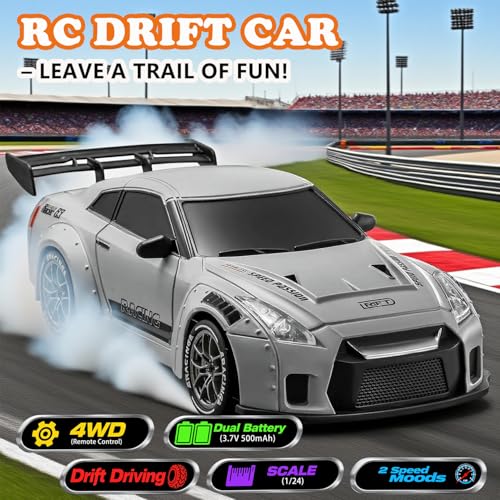 Image of RC Drift Car, 1:24 Scale Remote Control Vehicle with LED Lights,Drifting Tires&Two Batteries, Racing Sports Toy Idea Gift for Adults Boys Girls and Kids Galactic Silver