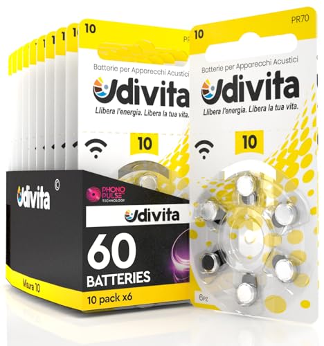 60 Hearing Aid Batteries Size 10 Udivita Phono Pulse Technology - 10 Blisters of 6 Batteries