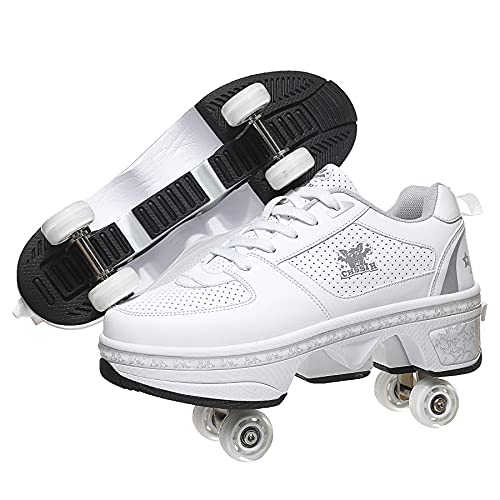 Roller Skates for Women,Shoes with Wheels for Girls/Boys,Men Outdoor Skates,Quad Skates for Kids,2 in 1 Double Line Skates/Kick Rollers Shoes for Adults,Parkour Deformed Shoes Unisex (White3, 7US)