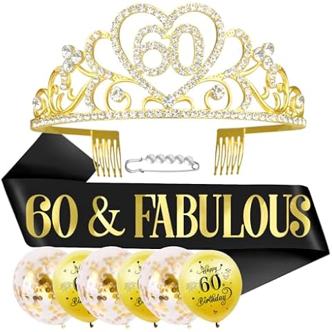 SKJIAYEE 60th Birthday Decorations for Women-"60&FABULOUS" Black Gold Sash and 60th Glitter Gold Crown and 60th Birthday Balloons Decorations for 60th Women Birthday Party Supplies Cover