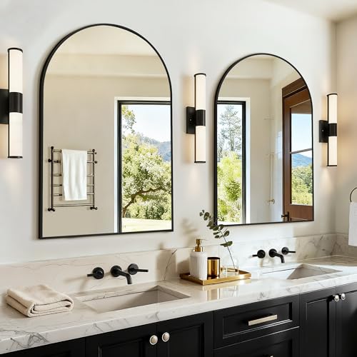 LAWADA Vanity Bathroom Mirror for Wall 2 Pack 30x20 Arched Bathroom Mirror for Over Sink Arched Metal Frame for Bedroom Living Room Entryway Hanging or Leaning Black