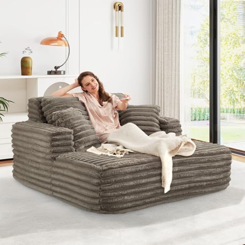 Image of JEEOHEY 56 inch Oversized Chaise Lounge Chair Indoor,Plush Faux Fur Sleeper Sofa Couch Bed with Pillows&Wide Armrests,Fluffy Comfy Cloud Couch,Compression Foam Couch for Living Room,Bedroom(Brown)