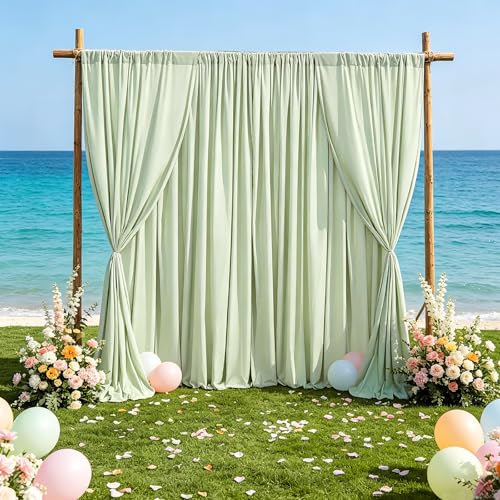 Image of Pea Green Backdrop Curtains 20x10ft: Outdoor Polyester Photo Backdrop Drapes - 4 Panels 5x10ft for Rustic Birthday Party Background Decoration