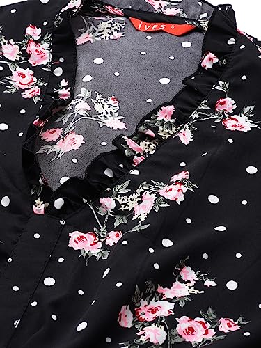 Image of IVES Women's Printed Polyester Full Sleeves | V Neck | Regular Fit Crop Top