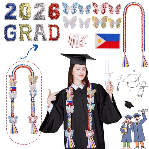 Image of Class of 2026 Philippines Graduation Leis,Double Gold Graduation Lei Ribbon with Butterfly and Pins Accessories,Flowers Congrats Graduates Money Lei Handmade Graduation Gift for Her College