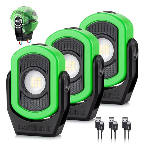 CARELITE Magnetic Work Light 780 Lumen Compact Pocket Light Rechargeable 3000mAh 360 Pivot Durable & Portable for Mechanics & Jobsites (Green 3-Pack)
