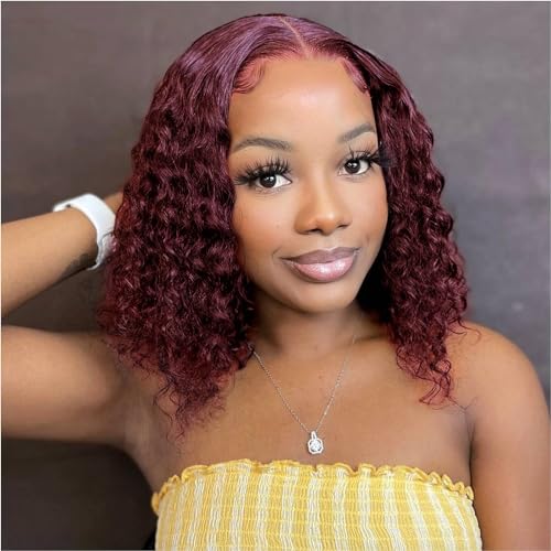Hihmarm 99j Burgundy Curly Wig Human Hair Deep Wave 13x4