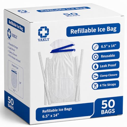 Image of Vakly Large Refillable Ice Bags 6.5 x 14, Reusable Ice Pack with Clamp Closure, Soft Outer Covering & Leak-Resistant Inner Layer for Hospital, Home & Sports Use 50 Pack