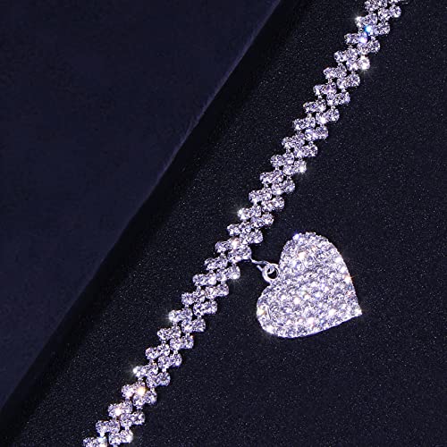Image of Fesciory Heart Rhinestone Ankle Bracelets for Women, Adjustable Silver Plated Shiny Tennis Anklets, Twinkle Cubic Zircon Imitation Diamond Anklet Foot Chain Jewelry Gifts