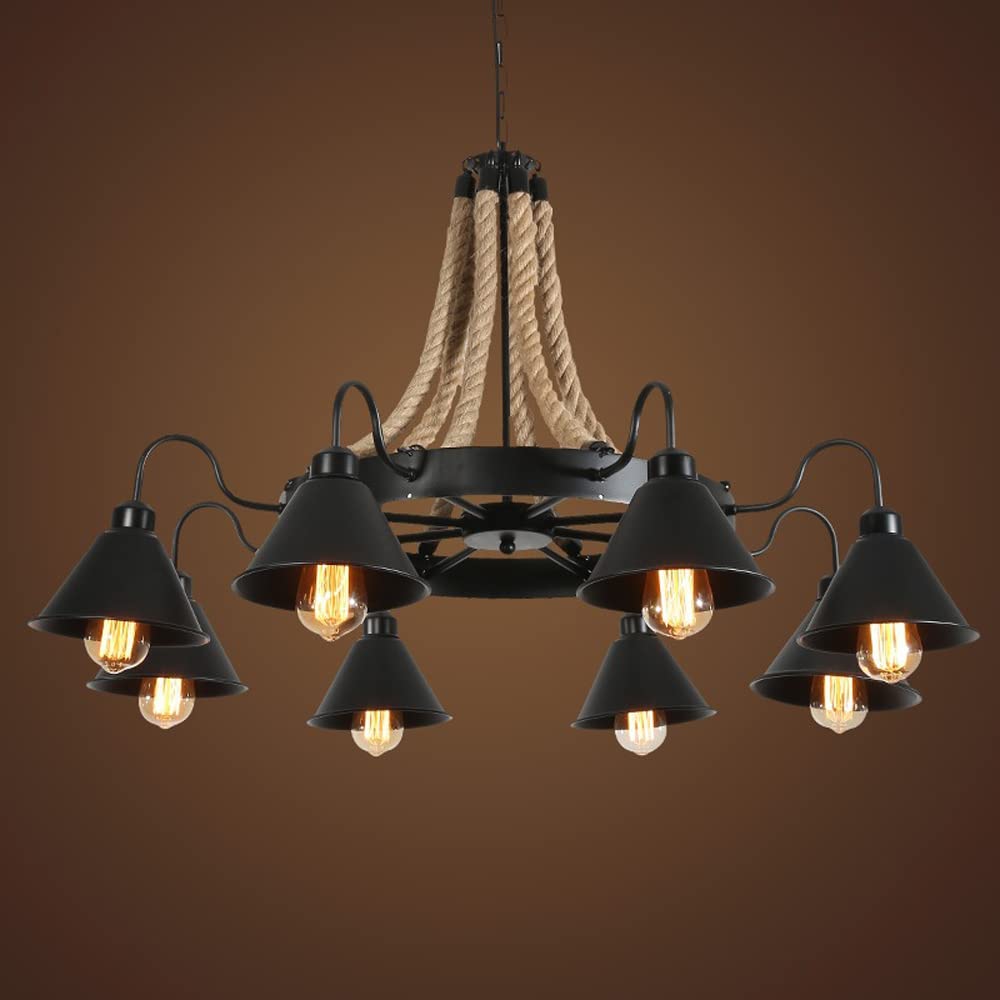 HXYSXHJUO 8 Light Vintage Hand Made Hemp Rope Pendant Lamps,wagon Wheel Chandeliers With Metal Lampshade,black Industrial Light,Adjustable Chain Dining Room Fixtures