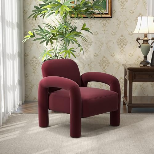 SEYNAR Modern Accent Chair Comfy Velvet Upholstered Armchair Cozy Vanity Chair Single Sofa Tufted Barrel Chair Reading Chair for Living Room Bedrooms CornerRed