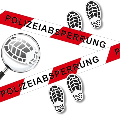 Lichtfroh Polizei Zubehör für Kinder, 3-Farben Absperrband + Fußabdruck Set - 10m x 3 Rollen, 7cm breit - für Krimibingo, Kinderpartys, Sicherheitsabsperrung
