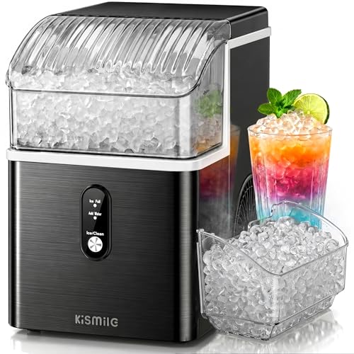Image of Kismile Nugget Ice Maker Countertop, Sonic Ice Maker with 35Lbs /24H, First Ice in 7 Mins, 1.2L Water Tank, Ice Basket Holds 2.2Lbs, Self-Cleaning Pebble Ice Machine for Home Kitchen Office Bar(Black)