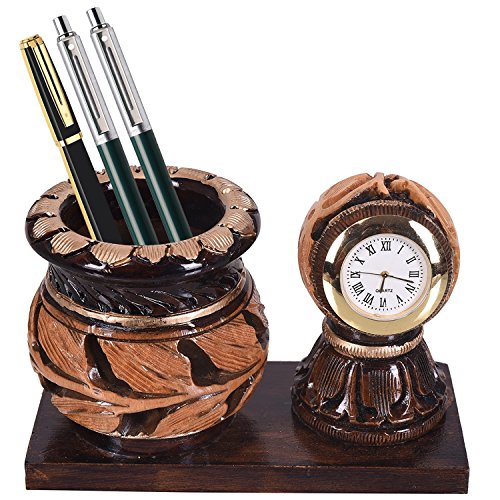 Image of Craft Trade 14x10 Cm Round Matki Pencil Holder with Analog Clock - Brown Clock