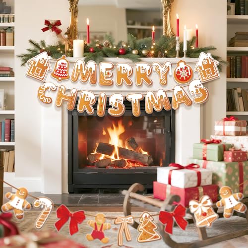 Image of Merry Christmas Banner Gingerbread Christmas Hanging Decoration 3PCS Gingerbread Theme Garland Banner for Holiday Home Office Fireplace Wall Decor Outdoor Indoor Xmas Party Banner