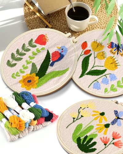 Image of TINDTOP Punch Needle Kits, Flowers Punch Embroidery Kits for Adults | 3 Sets , Tool with Punch Needle Fabric, Hoops, Yarns and Sewing Needles