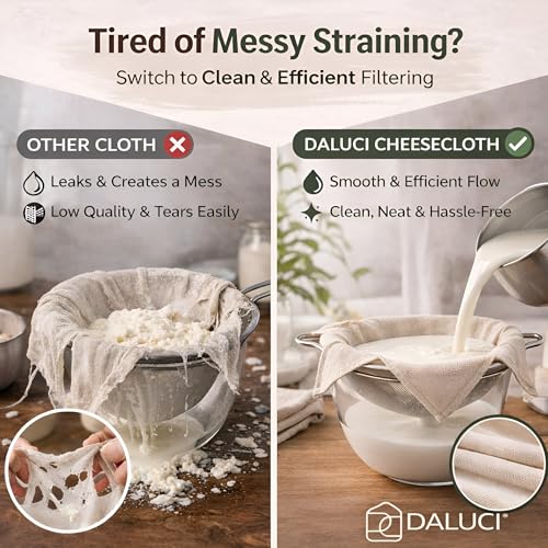 Image of DALUCI Muslin Cloth for Hung Curd & Paneer Making, Cheese Cloth Grade 100, 20x20 Inch Unbleached Cotton Curd Strainer Cloth for Yogurt, Cheese, Idli Steaming & Kitchen Use, 6 PCS