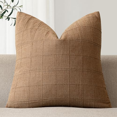 Image of Foindtower Set of 1 Decorative Linen Check Throw Pillow Cover Neutral Farmhouse Vintage Cushion Cover Modern Boho Home Decor for Sofa Chair Couch Bedroom Living Room,24x24 Inch,Brick
