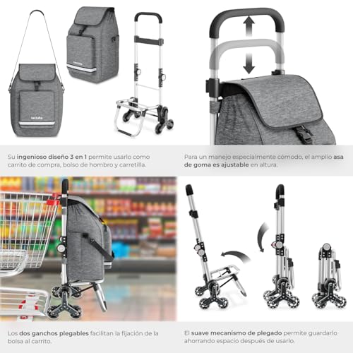 Miniatura 5 de Tectake Carro De La Compra 3 En 1 Plegable, Carrito Compra Con 6 Ruedas Supermercado, Bolsa Termica, Trolley Con Capacidad 50l, Carro Plegable De Transporte Con Estructura De Aluminio - Gris