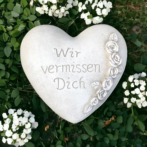 Radami Grabherz Gedenkstein - Wir vermissen Dich - Grabschmuck Grabdeko Trauerherz 10cm, Handarbeit - Handbemalt