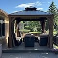 Domi Outdoor Living 10’x12’ Hardtop Gazebo, Wooden Coated Aluminum Frame Canopy with Galvanized Steel Double Roof, Outdoor Permanent Metal Pavilion with Curtains and Netting for Patio, Deck and Lawn