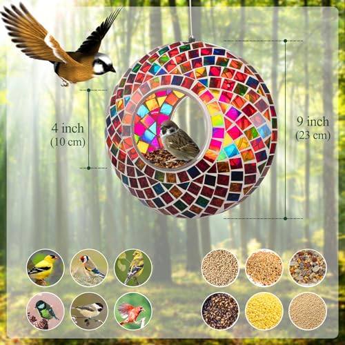 Backyard Expressions - Mangiatoia Per Uccelli In Vetro Da Appendere, Multicolore, Mangiatoia Per Uccelli Da Esterno, Mangiatoia Per Uccelli A Mosaico, Forma Rotonda - 3