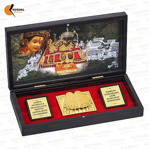 Image of 24K Gold Plated Religious Frame Rectangular Photo Frame Tabletop with Charan Paduka Return Gifts for Home Puja Office (Maa Vaishno Devi), 8.25 x 4.5 Inch