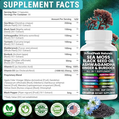 Sea Moss Black Seed Oil Ashwagandha Ginger Burdock Bladderwrack Turmeric & Vitamin C Vitamin D3 with ACV Elderberry Chlorophyll Dandelion Yellow Dock Vegan Capsules - 60 Count - Image 4