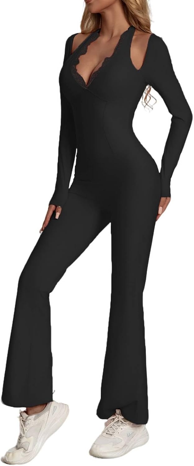 KAIFUYING One Piece Wide Leg Jumpsuits For Women Workout Long Sleeve Jumpsuit Flare Yoga Romper V-Neck Sexy Lace