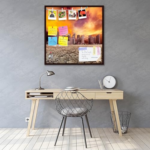 Image of ArtzFolio City Overlooking Desolate Desert | Bulletin Board Notice Pin Board | Vision Soft Board Combo with Thumb Push Pins & Sticky Notes | Dark Brown Frame | 24 x 24 inch (61 x 61 cms)