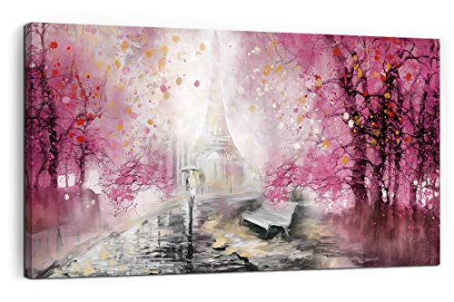 Mofutinpo Wanddekoration Eiffelturm, Rosa Paris, für Schlafzimmer, gerahmt, Kunstdruck, Wanddekoration, Romantisches Paris, Regenstraße, Wanddekoration für Wohnzimmer, modernes Deko, 24 x 48 cm Cover