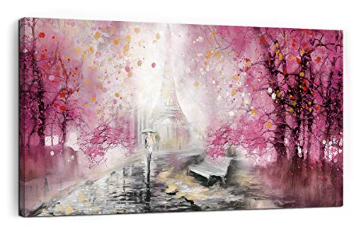 Eiffel Tower Decor Pink Paris Decor for Bedroom Framed Wall Art Canvas Art Wall Decor Romantic Paris Rainy Street View Pictures Large Wall Art Wall Decorations for Living Room Modern Decor 24x48 Size