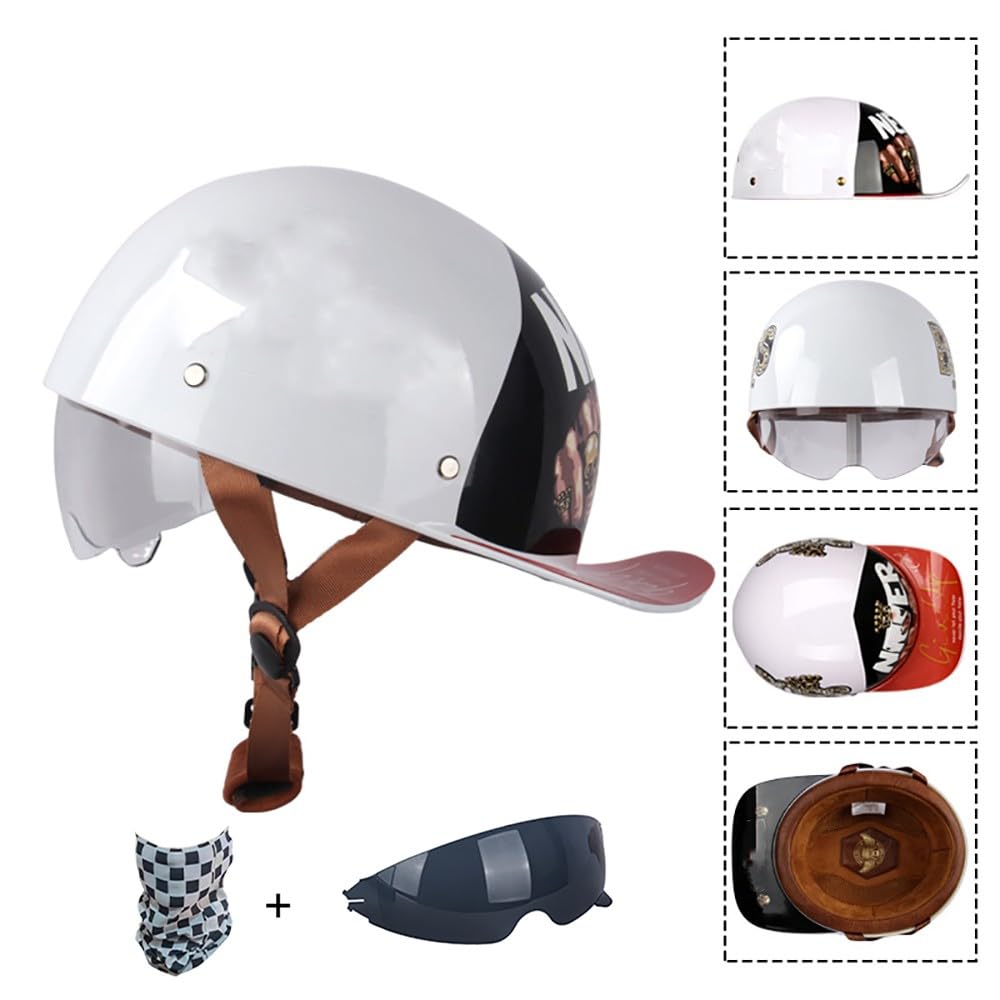 Casco Moto Vintage Mezzo Aperto, Casco Semi-Aperto a Forma di Berretto da Baseball con Visiera e Pulsante a Rilascio Rapido, Casco Jet Moto con Omologazione ECE per Scooter