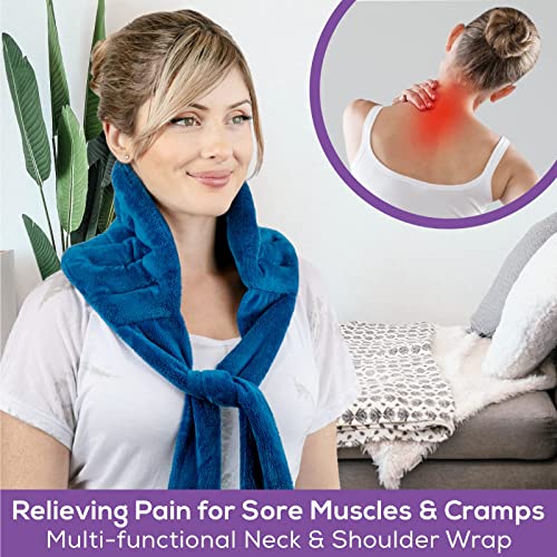 Image of Microwave Heating Pad for Back Pain Relief with 71 inch Ties /Straps to Secure Anywhere - Moist Heating Pad Microwavable Heat Wrap for Neck & Shoulders, Cramps - Flaxseed Rice Heat Packs Hot Bag (Med Blue)