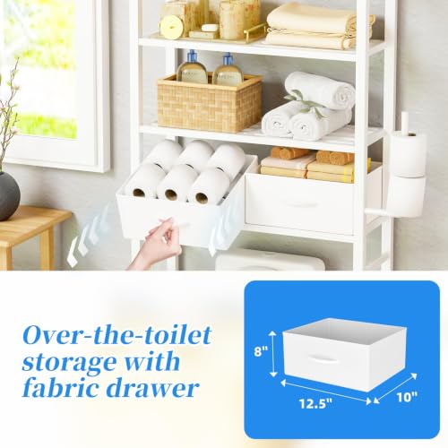 Image of Simple Trending 4 Tier Over The Toilet Storage with Drawers, Heavy Duty Bathroom Stand Organizer Metal Shelves for Laundry, White