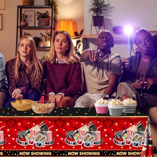 Image of Movie Night Tablecloth,Movie Theme Hollywood Party Decoration 3Pcs Vintage Now Showing Popcorn Tablecloth Drive In Movie Party Table Cover for Movie Theater Party Favors ,Movie Star Birthday Supplies